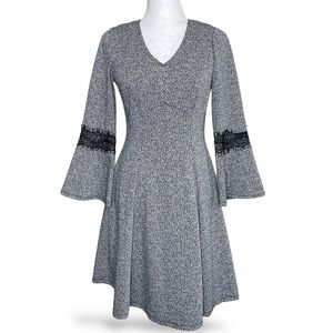 NWT ELLE Boho Long Bell Sleeve Fit and Flare Lace Trim Heathered Gray Dress
